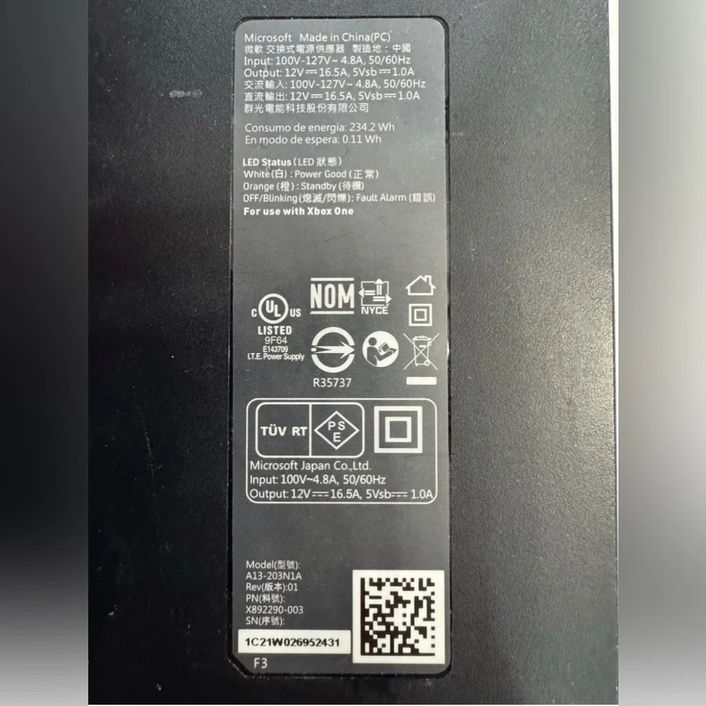 Compatible Replacement Power Charger Adapter 200-240V Xbox‎ One Untested